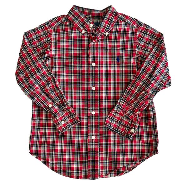 RALPH LAUREN Boys Red Plaid Button Down Size 4/4T - Picture 1 of 4